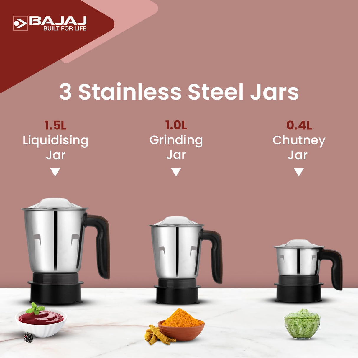 Bajaj Ninja Series Powergrind 3 Jars | Powerful 1000W Titan Motor | Mixer Grinder | Belgian Chocolate