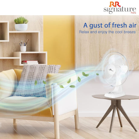 Fan blowing air into a room with a chair and shelf in the background, featuring RR Signature branding.