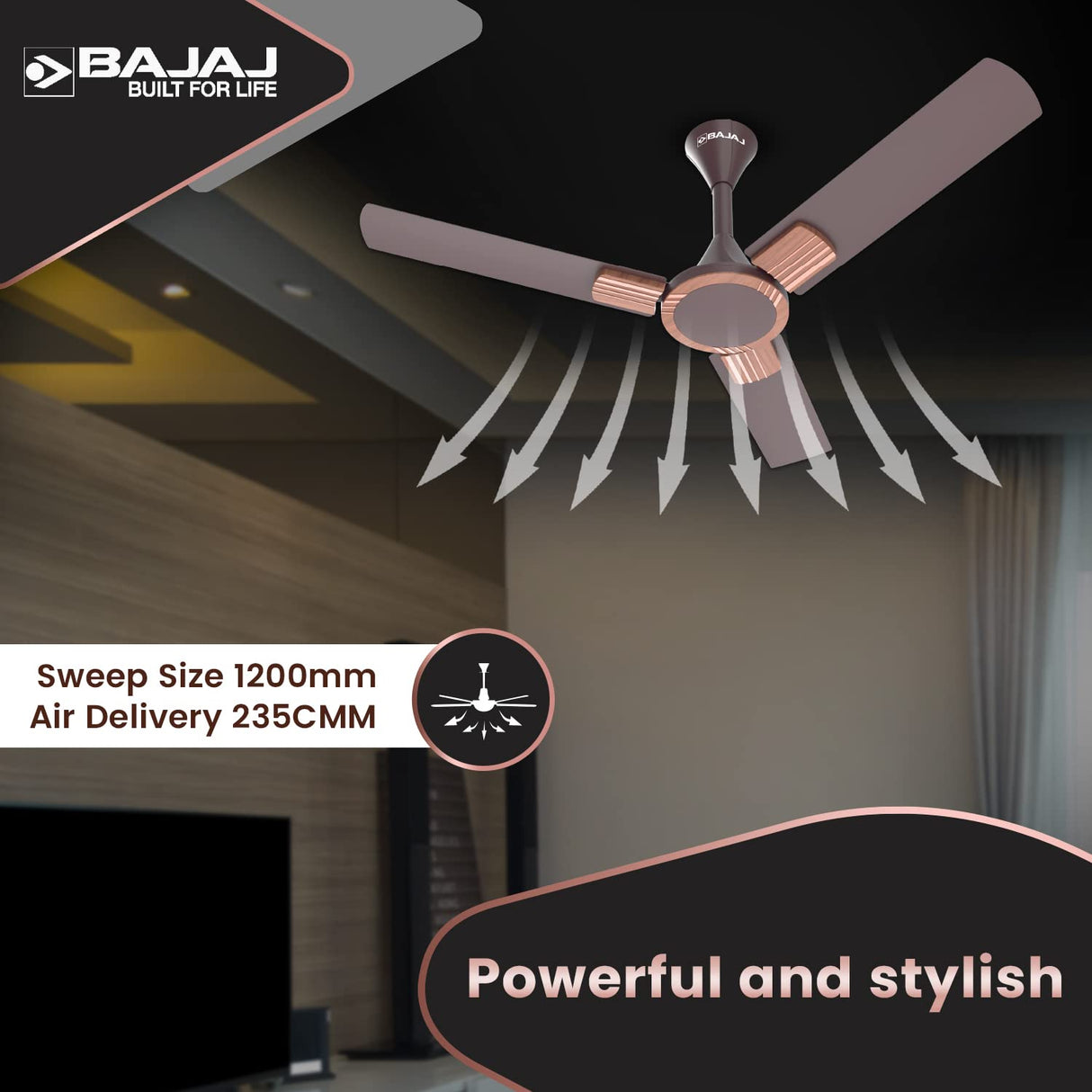 Bajaj Artisan 12S2 1200mm BEE-2 Star Energy Efficient Ceiling Fan (Dark Walnut and Wood)