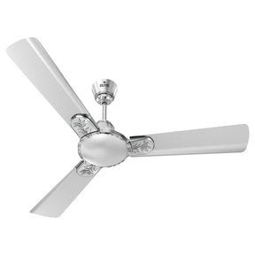 A Polycab Eleganz Plus 1200mm ceiling fan with three blades and a central motor unit, finished in pearl silver color.
