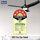 Kuhl ceiling fan with a power savings guide label on a gray background