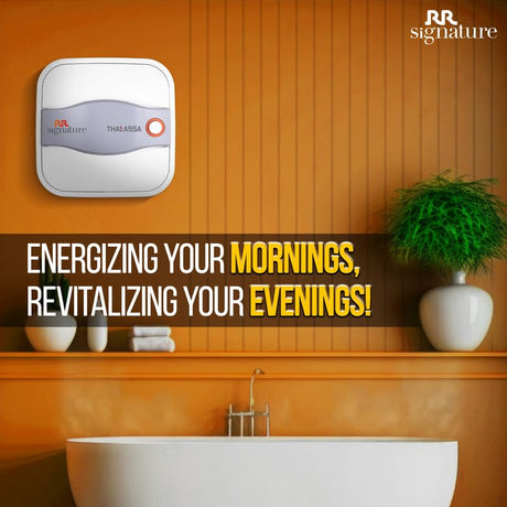 Bathroom with a water heater and decorative elements, featuring RR Signature branding.