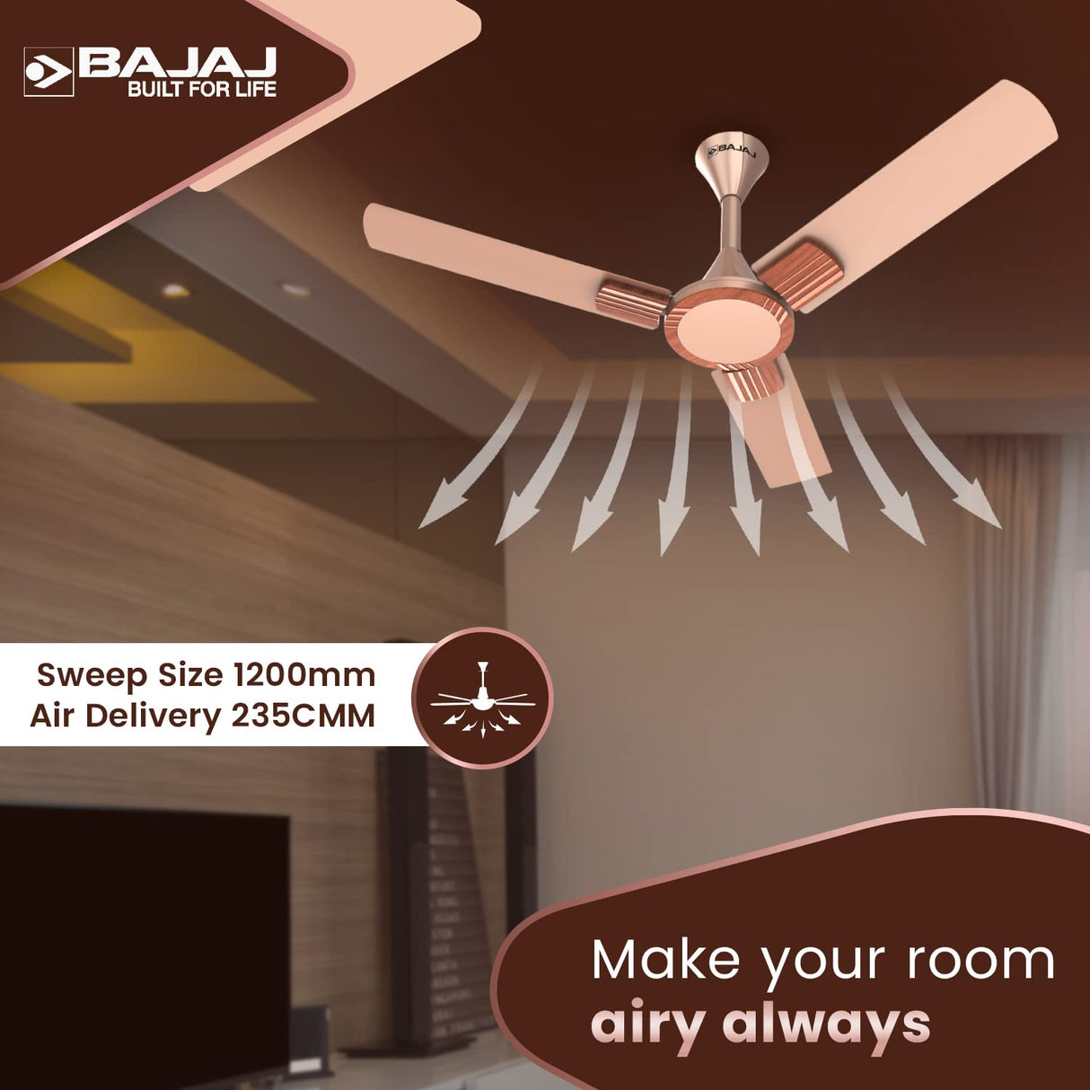 Bajaj Artisan 12S2 1200mm Energy Efficient Ceiling Fan (Coral Rose Wood)