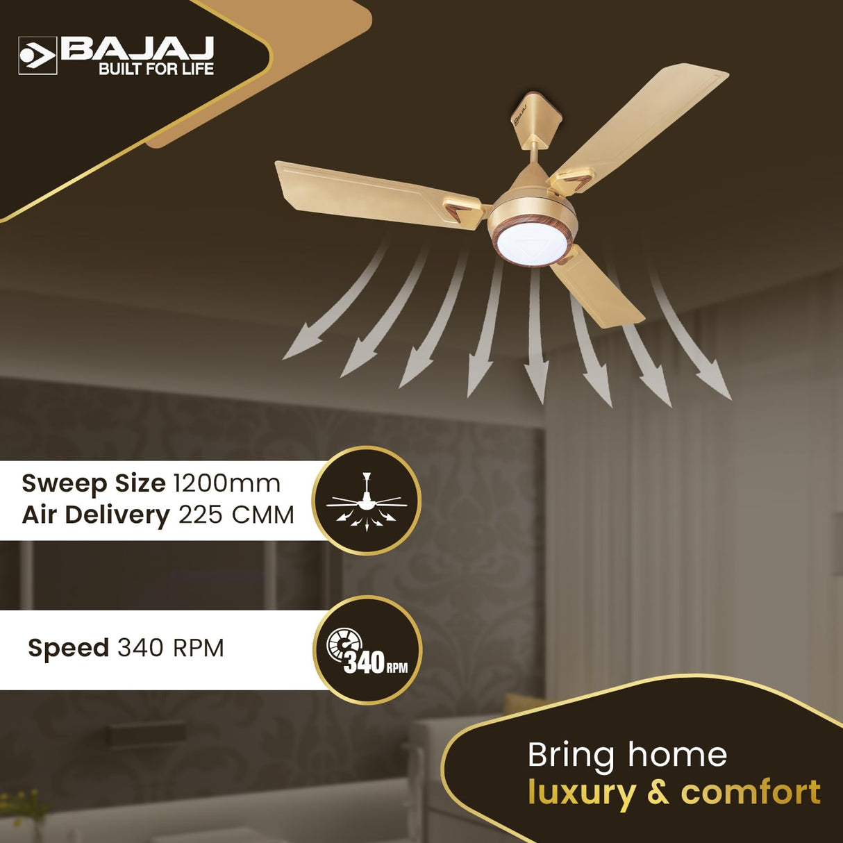 Bajaj Ventus EE 1200 Mm 1 Star Rated Energy Efficient Ceiling Fan (Mystic Gold)