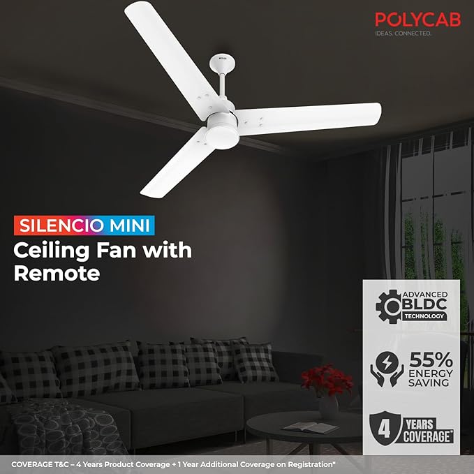 Polycab Silencio Mini 1200mm BLDC Ceiling Fan with Remote (MATT SATIN WHITE)