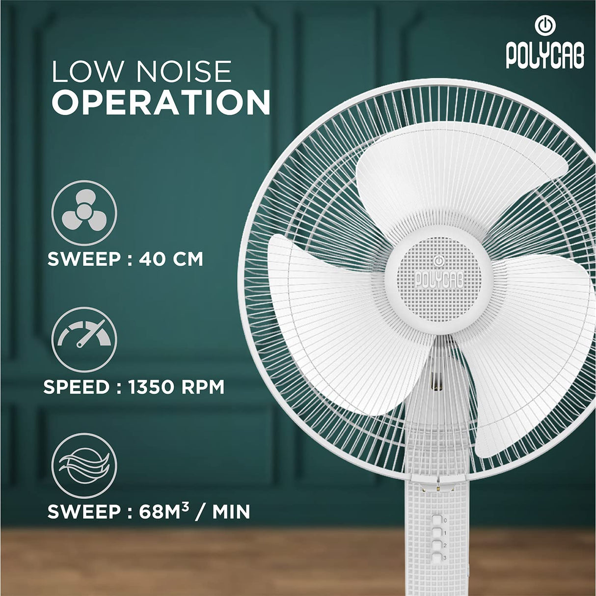 Polycab Aery NS 400mm Pedestal Fan (White)