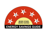 Energy savings guide with five white stars on a red and yellow background