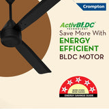 Crompton ceiling fan with energy efficiency rating and text on a beige background