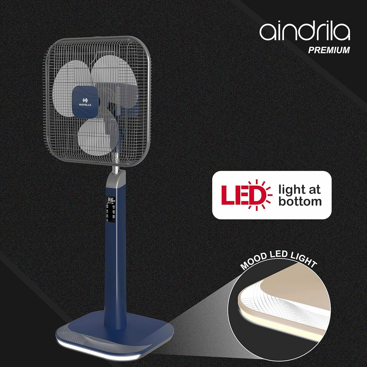 Havells Aindrila Premium 400mm Pedestal Fan (Dark Blue Gray)