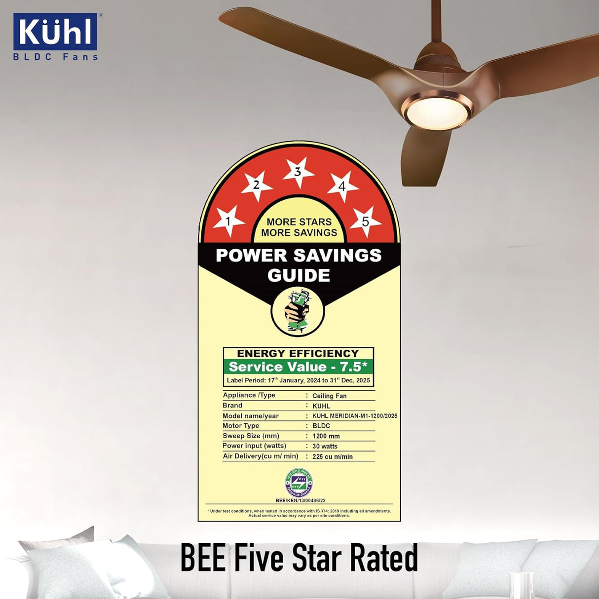 Kühl ceiling fan with a power savings guide label on a white background