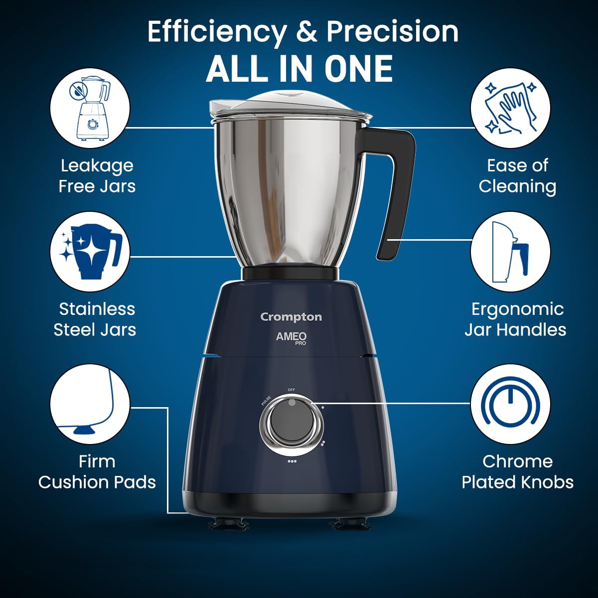 Crompton AMEO PRO Motor Vent-X Technology 750 W Juicer Mixer Grinder  (4 Jars | Black & Blue)