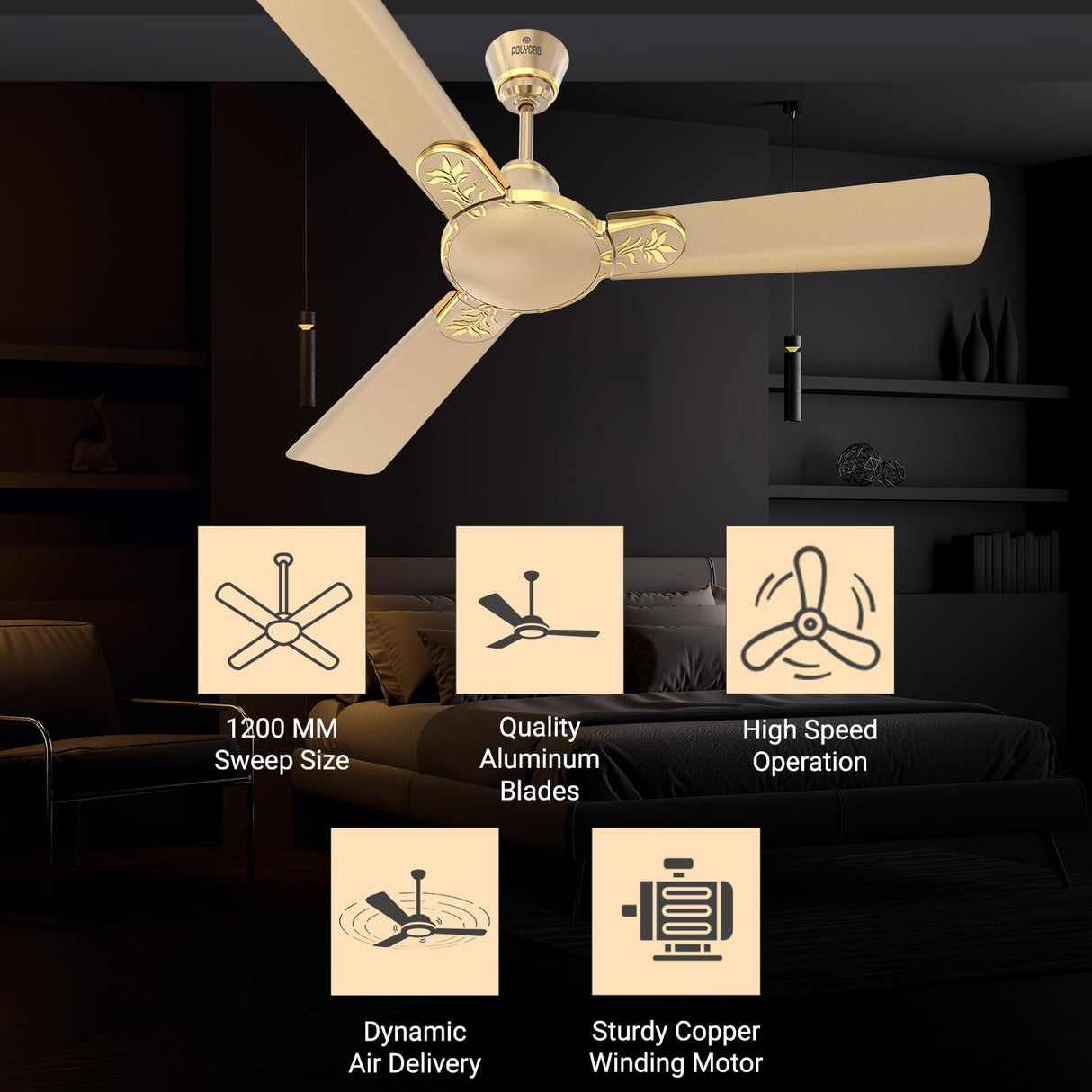 Polycab Eleganz Plus 1200mm Star Rated Ceiling Fan (Birkin Gold)