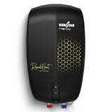 A Kenstar Nexo RapidHeat Technology electric water heater in black, featuring a gold geometric pattern on the front, white brand logos, and red and blue connection ports at the bottom, set against a plain white background.