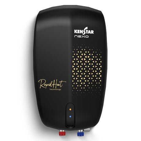 A Kenstar Nexo RapidHeat Technology electric water heater in black, featuring a gold geometric pattern on the front, white brand logos, and red and blue connection ports at the bottom, set against a plain white background.