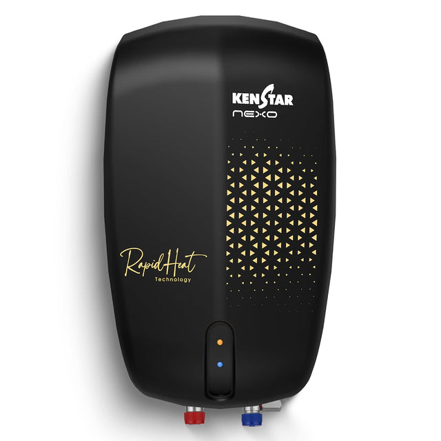 A Kenstar Nexo RapidHeat Technology electric water heater in black, featuring a gold geometric pattern on the front, white brand logos, and red and blue connection ports at the bottom, set against a plain white background.