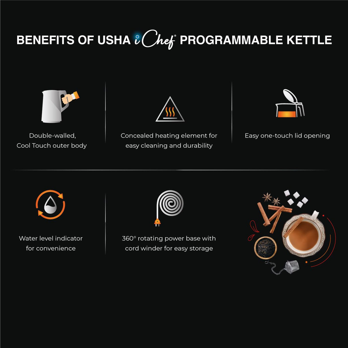 Usha ICHEF Programmable Kettle 2000 Watt 1.5L (Black)