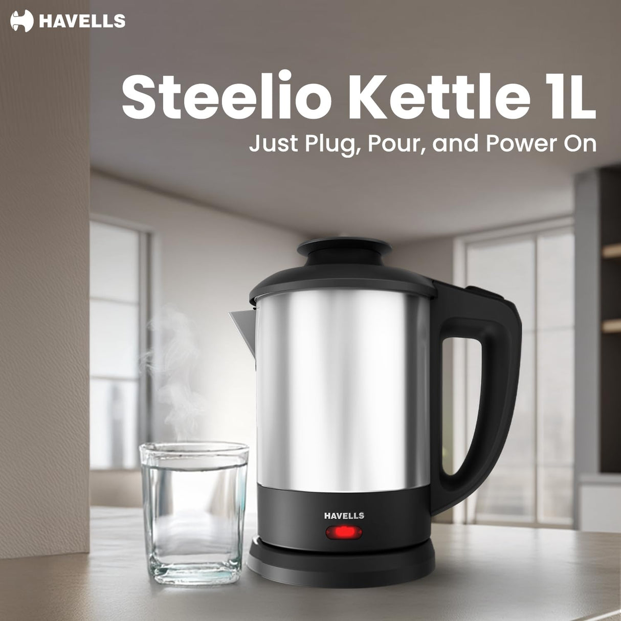 Havells Steelio Electric Kettle 1L 1250 W (Black & Silver)