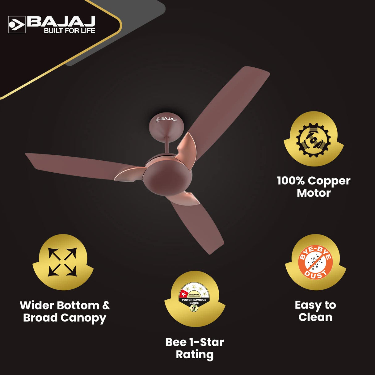 Bajaj Harrier NXG EE 1200mm 1-Star Decorative Ceiling Fan (Walnut & Copper)