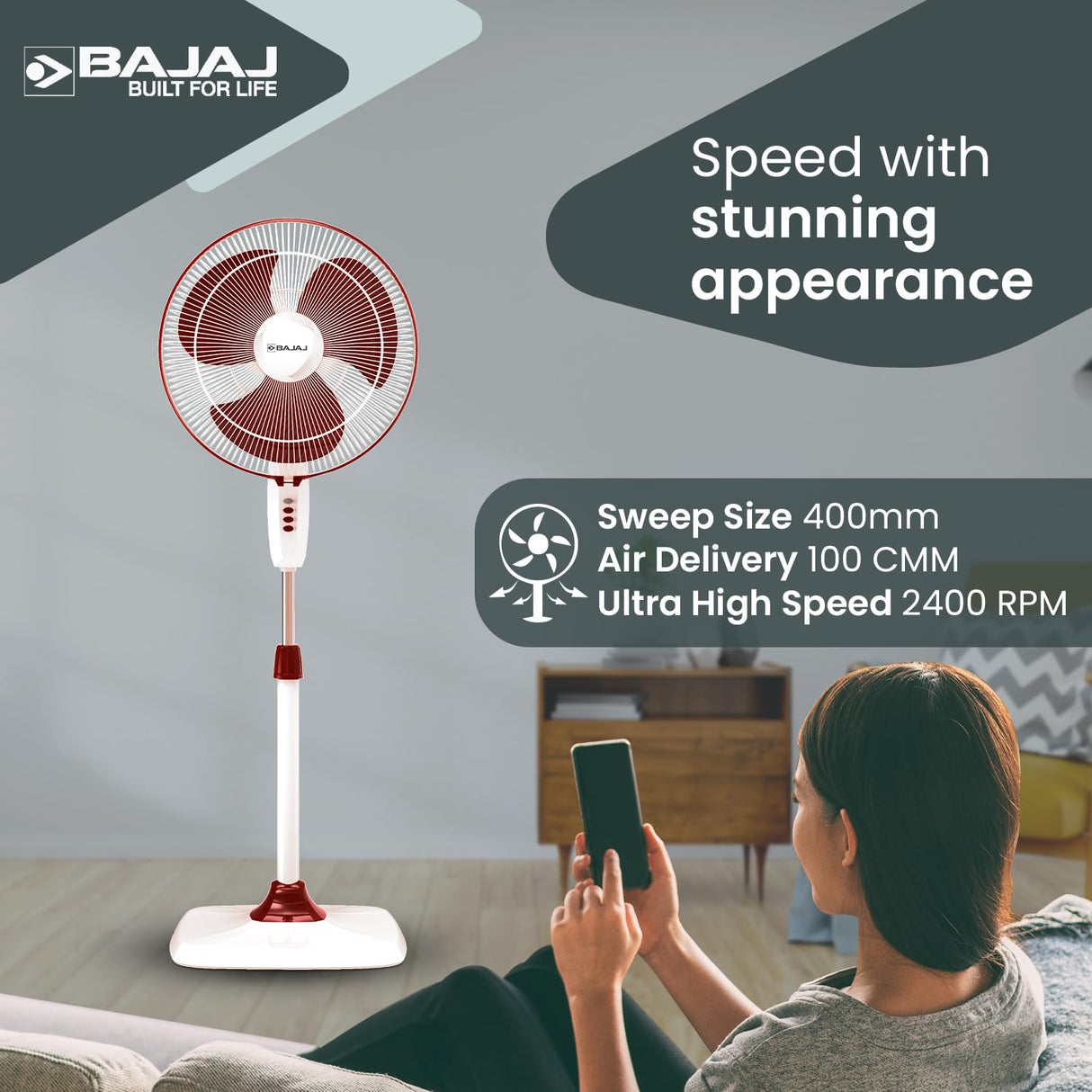 Bajaj Rapido 400mm High Speed Pedestal Fan (Wine Red)