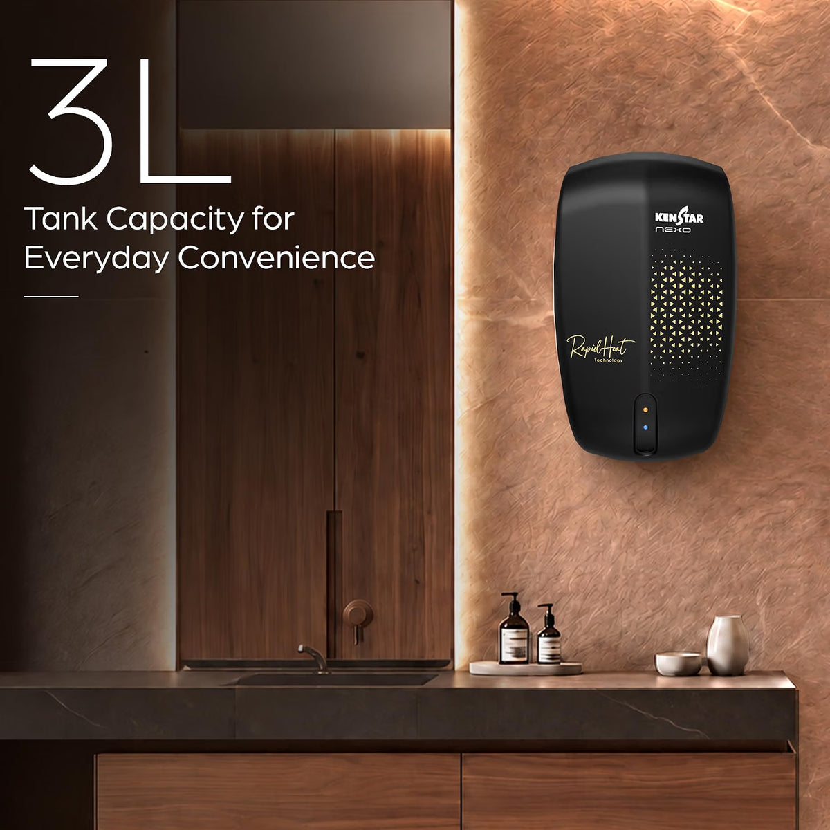 A wall-mounted black KenStar RanoHot 3L tankless hand dryer shown in a modern bathroom setting with a stone wall, wooden vanity, and countertop accessories. Text on the left reads '3L Tank Capacity for Everyday Convenience'.
