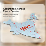 A promotional graphic with a stylized map of England highlighted with red pin markers and the text 'Assurance Across Every Corner' and 'Backed by 600+ service centers nationwide.' The map and text are presented on a soft beige rounded card over a blurred warm background.