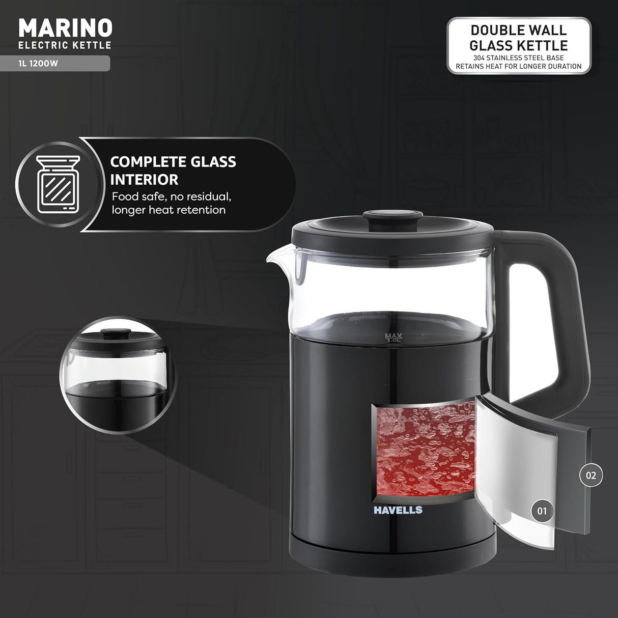 Havells Marino Electric Kettle 1 L 1200 W (Black)