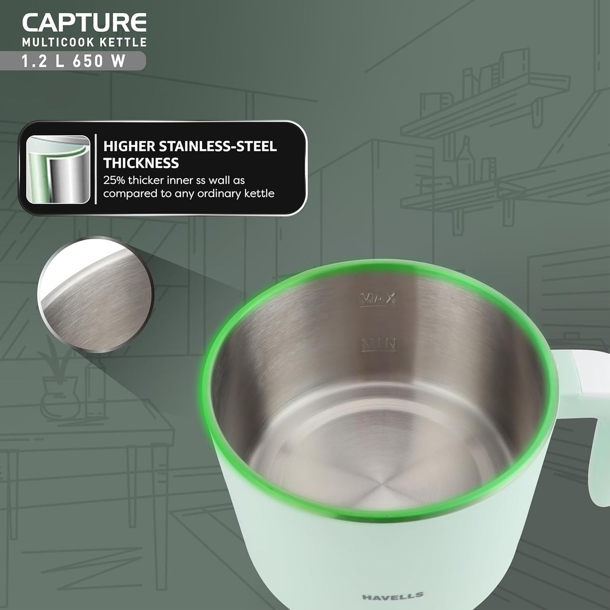 Havells Capture 1.2 L Multi-Cook Electric Kettle with Steamer 650W (Green)