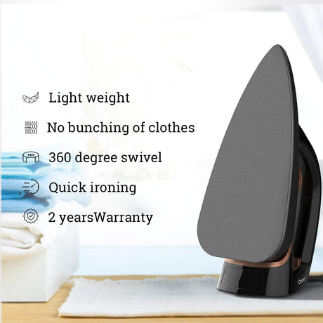 these dry iron is light weight , no bunching of clothes , 360 degree swivel , Quick ironing and 2 years of Warranty 