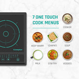 Crompton induction cooktop with 7 one-touch cook menus displayed on a white background.