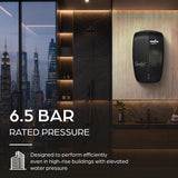 A wall-mounted black hand dryer by RUGRUN shown in a modern bathroom setting with a city skyline at dusk. Text overlays highlight '6.