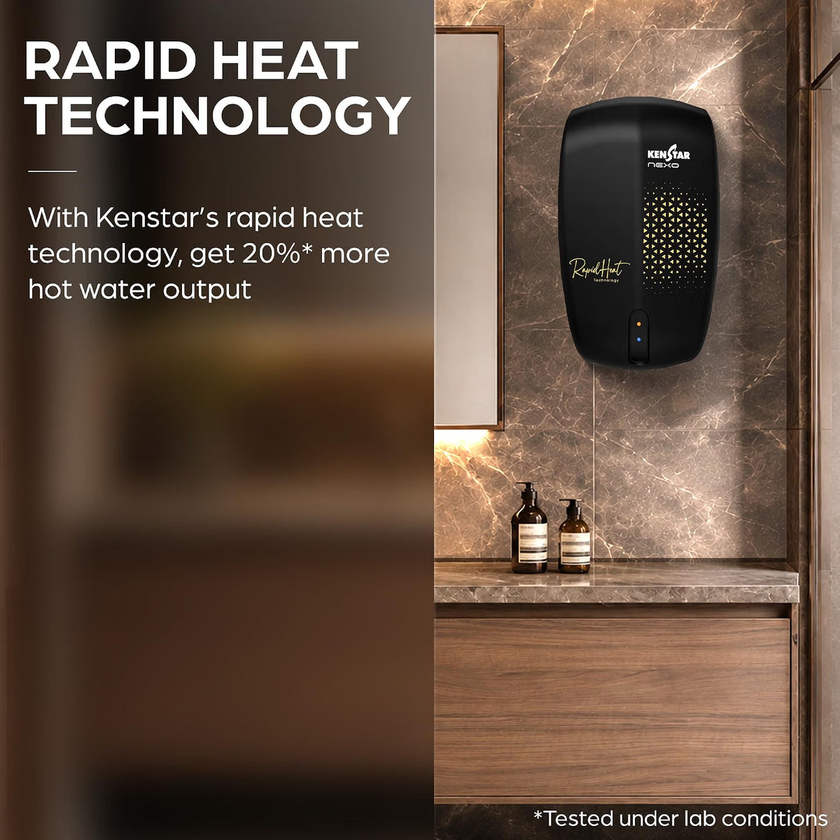 A black Kenstar hand dryer mounted on a brown marble bathroom wall above a wooden vanity, with promotional text on the left about rapid heat technology.