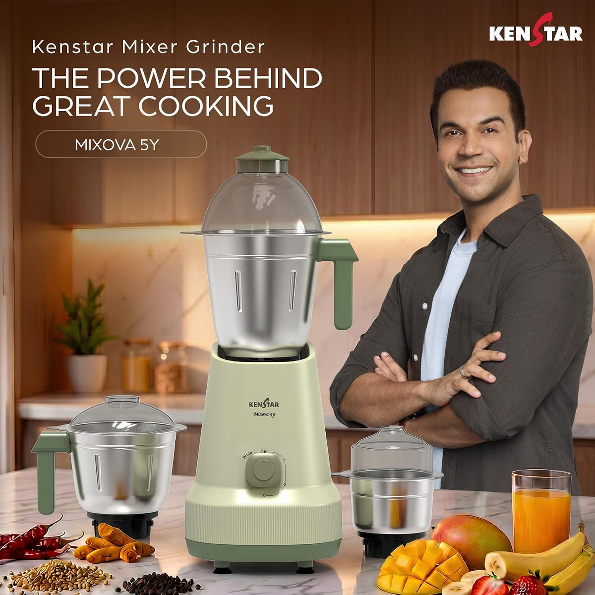 Kenstar Mixova 5Y 750W Mixer Grinder with 3 Jars (Forest Green)