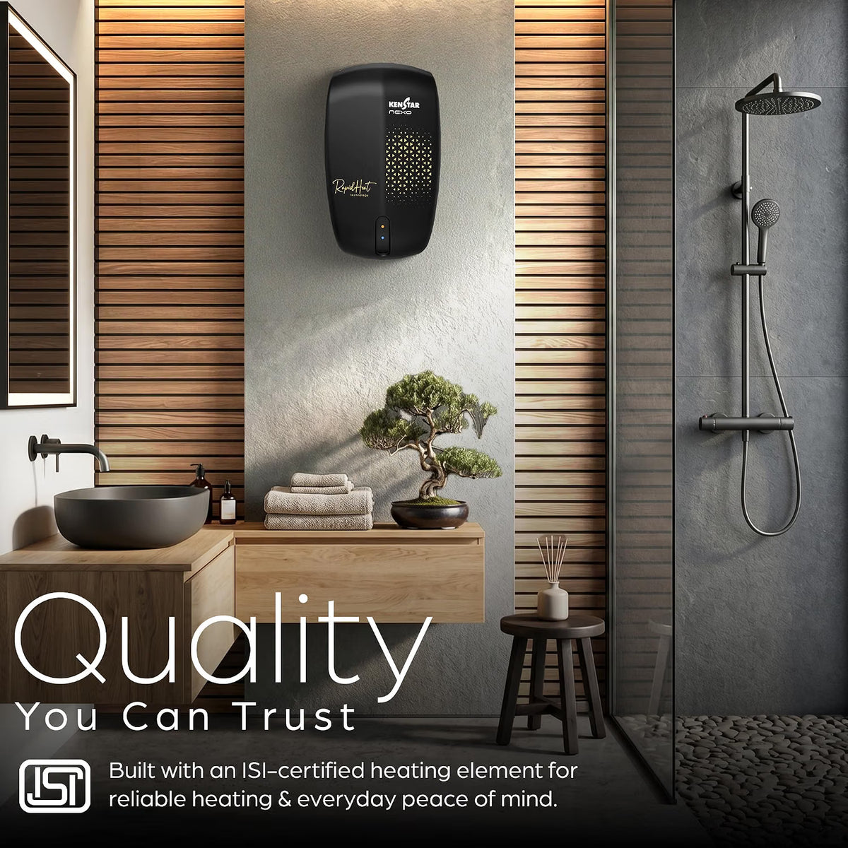 A wall-mounted black hand dryer by Handluu shown in a modern bathroom setting with wood slat walls, a sink, towels, a small bonsai tree, and a shower area. Large text at the bottom reads 'Quality You Can Trust' with additional certification text.