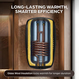 An insulated water heater or tank shown in a cutaway view with copper coils inside and yellow glass wool insulation, set against a wood-paneled wall. Large text at the top reads 'LONG-LASTING WARMTH, SMARTER EFFICIENCY' and a banner at the bottom says 'Glass Wool Insulation locks warmth for longer duration.