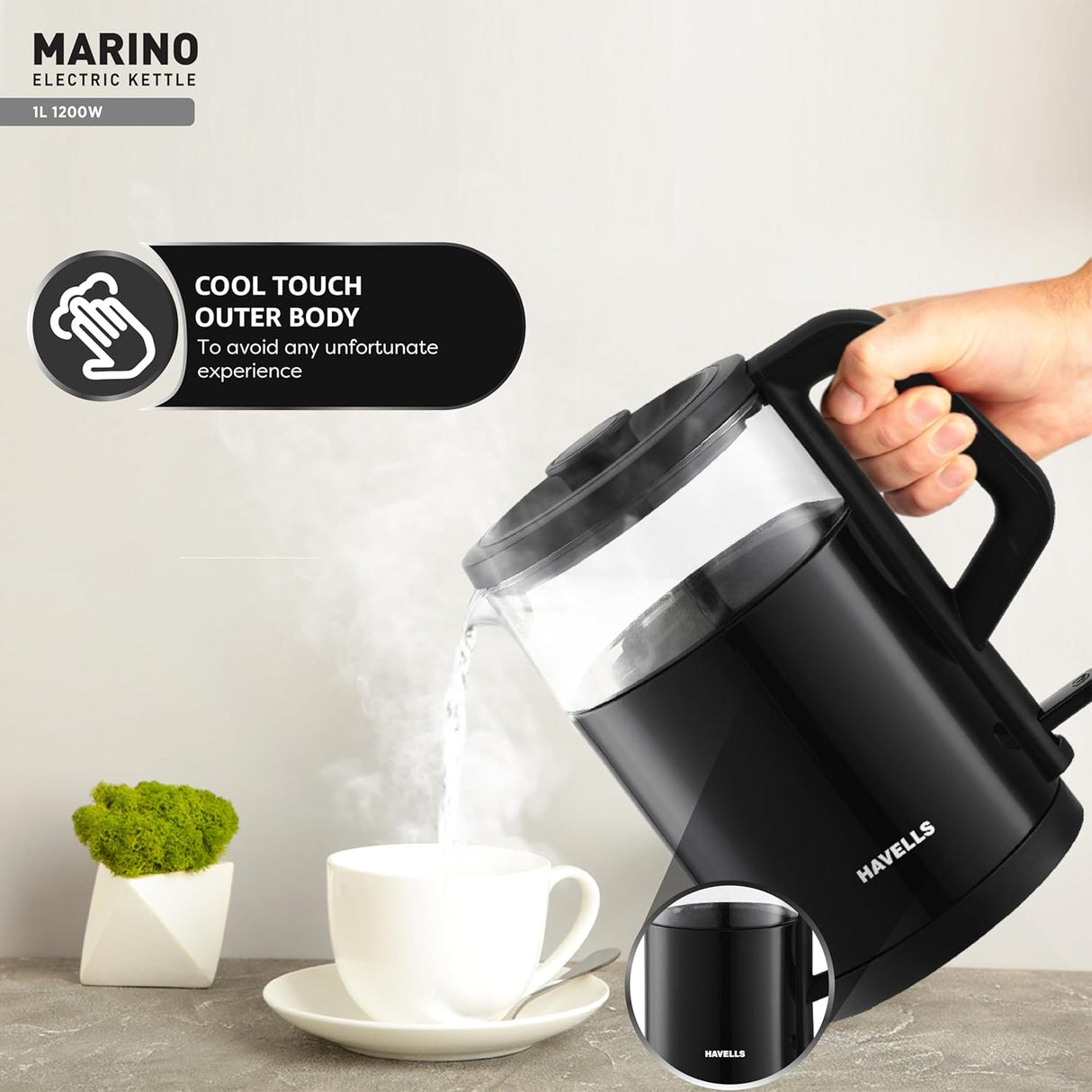 Havells Marino Electric Kettle 1 L 1200 W (Black)