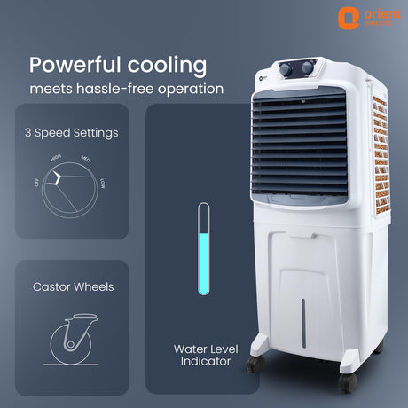 Portable air cooler with features highlighted on a dark background