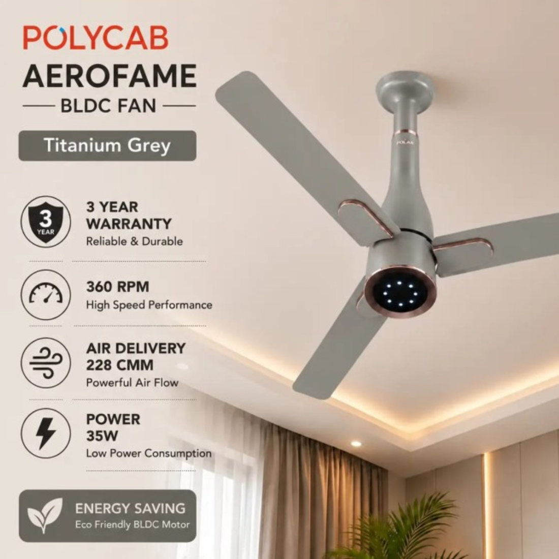 A Polycab Aeroframe BLDC fan in titanium grey shown installed on a ceiling in a modern room, with product specifications and features listed on the left side of the image.
