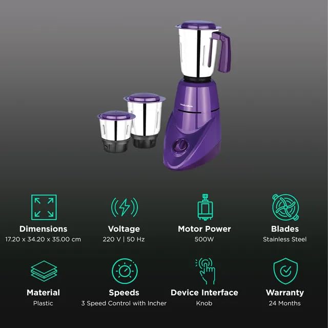 Morphy Richards Aero Pro 500 Watts Mixer Grinder (Purple, 3 Jar)
