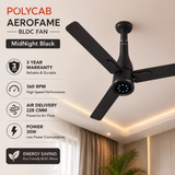 A black Polycab Aerofame BLDC ceiling fan shown installed in a modern room, with product specifications and features listed on the left side of the image.