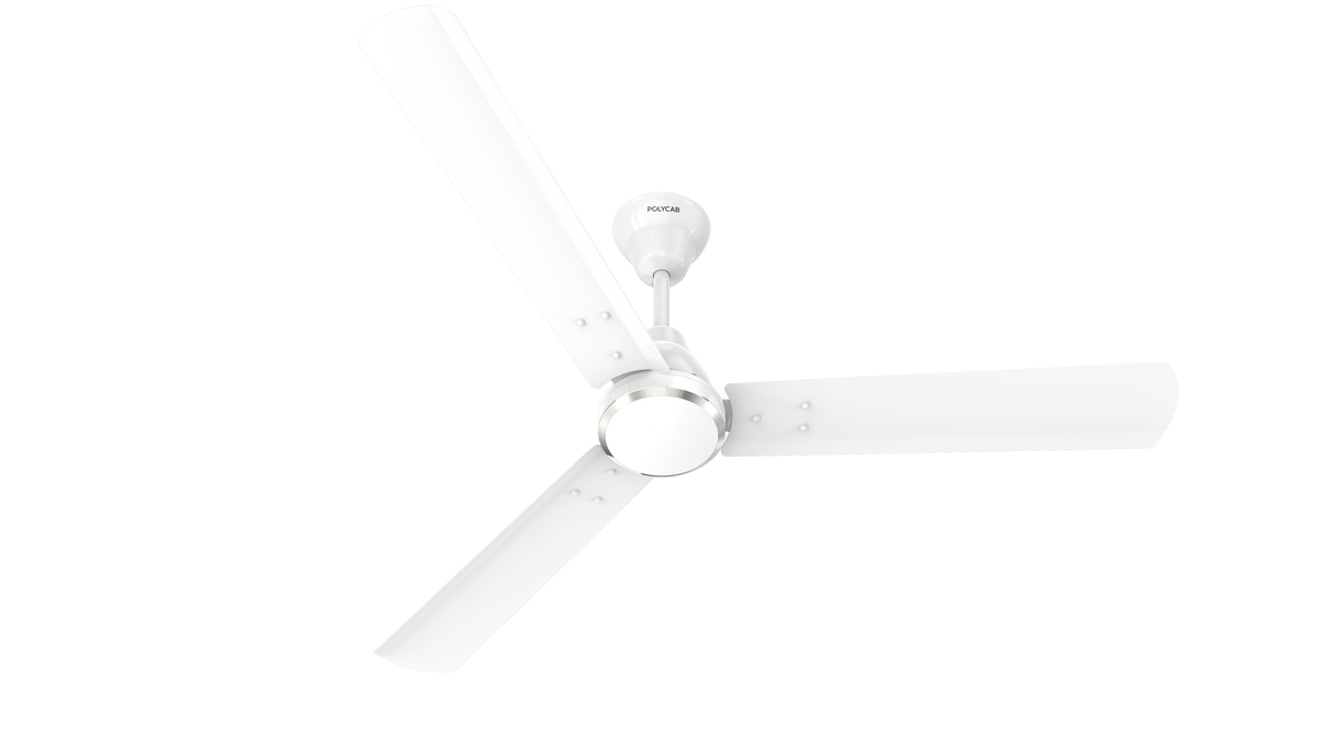 A white three-blade ceiling fan with a central light fixture and a visible RUPAL brand badge, shown against a solid white background.