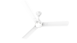 A white three-blade ceiling fan with a central light fixture and a visible RUPAL brand badge, shown against a solid white background.