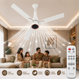 A white ceiling fan with a central smart hub is shown installed in a modern living room, with a family seated below and graphic airflow lines radiating downward. A large remote control is displayed on the right, and feature icons along the bottom read wide air flow, silent operation, energy saving, 6 speed control, and remote control.