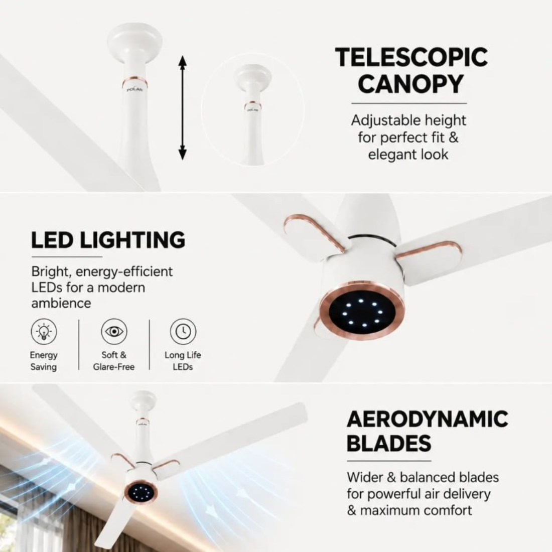 A promotional infographic for a white ceiling fan with copper accents. The image is divided into three sections: the top shows the adjustable telescopic canopy with a height indicator; the middle shows the LED lighted front housing; the bottom shows the aerodynamic blades with airflow graphics.