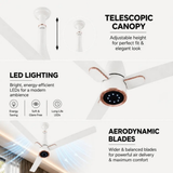 A promotional infographic for a white ceiling fan with copper accents. The image is divided into three sections: the top shows the adjustable telescopic canopy with a height indicator; the middle shows the LED lighted front housing; the bottom shows the aerodynamic blades with airflow graphics.