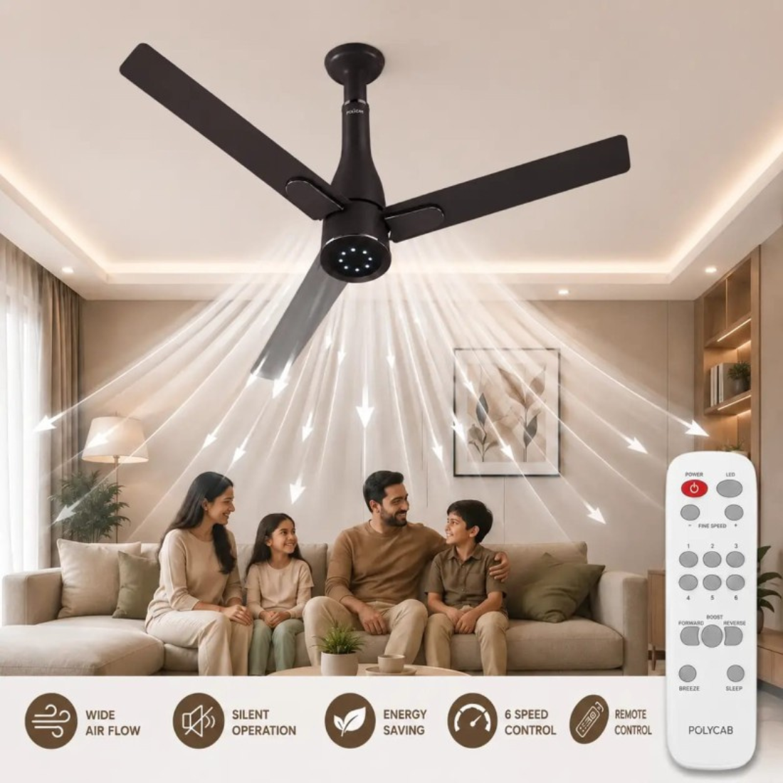 Ths ceiling fan has silent operation , which saves energy saving , 6 speed control and has remote control 