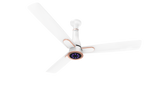 A modern white ceiling fan with three blades and a central smart light bar, shown against a plain white background.