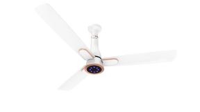 A modern white ceiling fan with three blades and a central smart light bar, shown against a plain white background.