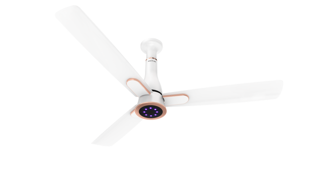 A modern white ceiling fan with three blades and a central smart light bar, shown against a plain white background.
