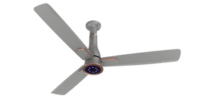 The Titanium Grey BLDC Ceiling fan with underlight LED Lights in the black background 
