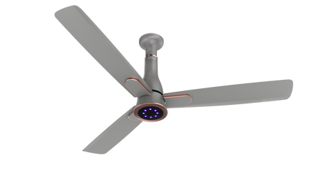 The Titanium Grey BLDC Ceiling fan with underlight LED Lights in the black background 